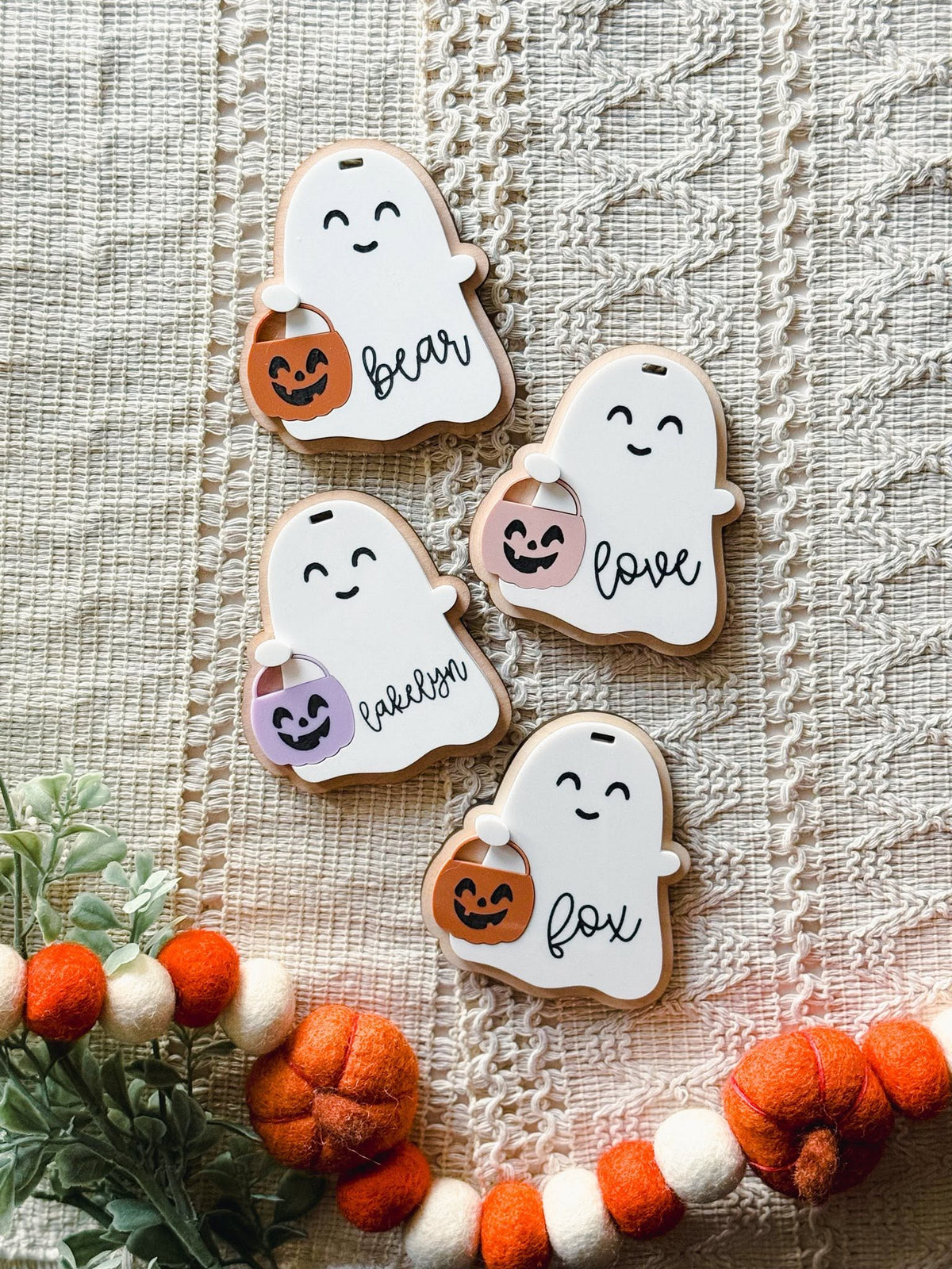Ghost Holding Pumpkin Pail Halloween Tag