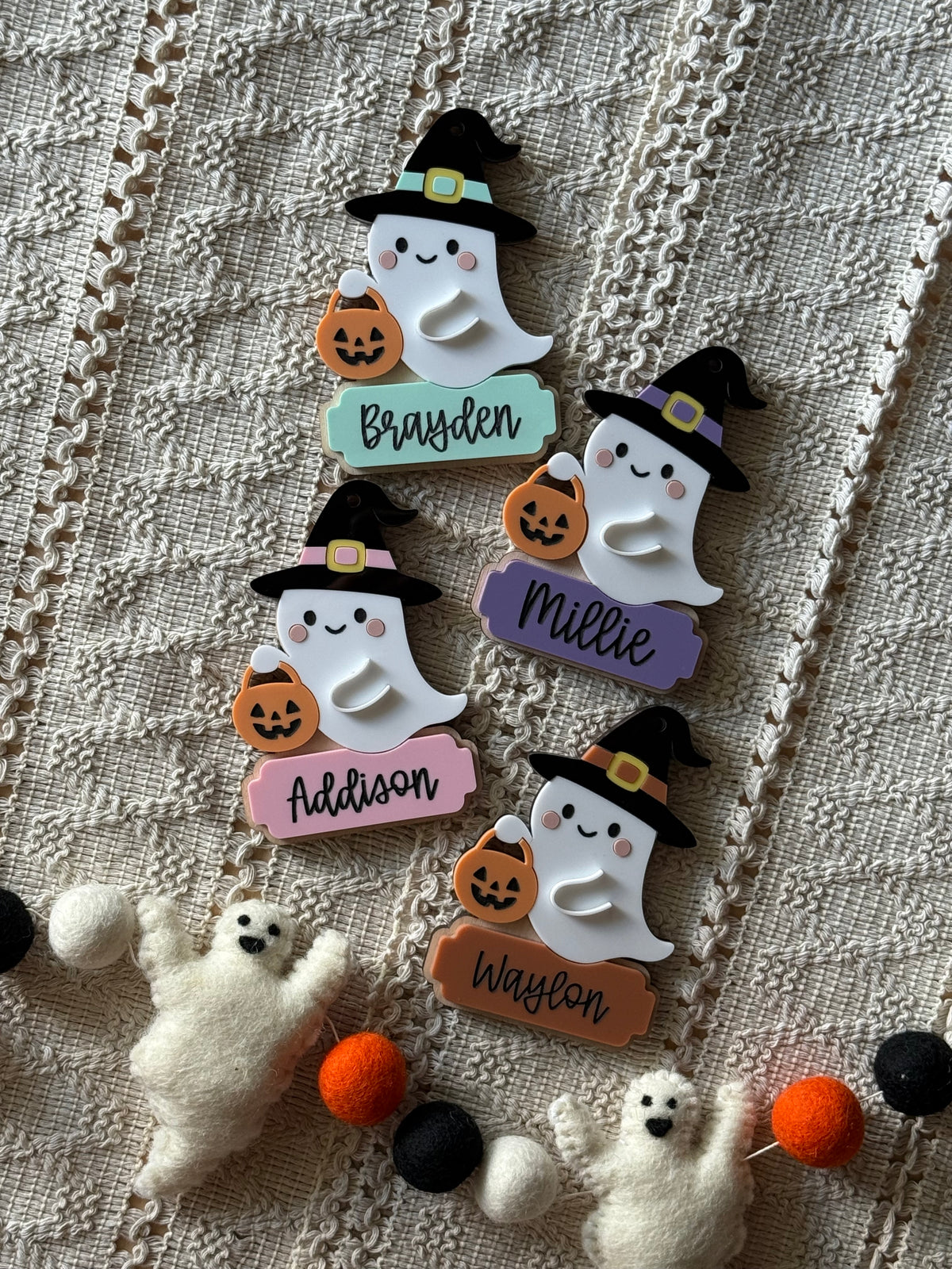 Ghost Witch Hat Holding Pumpkin Pail Halloween Tag
