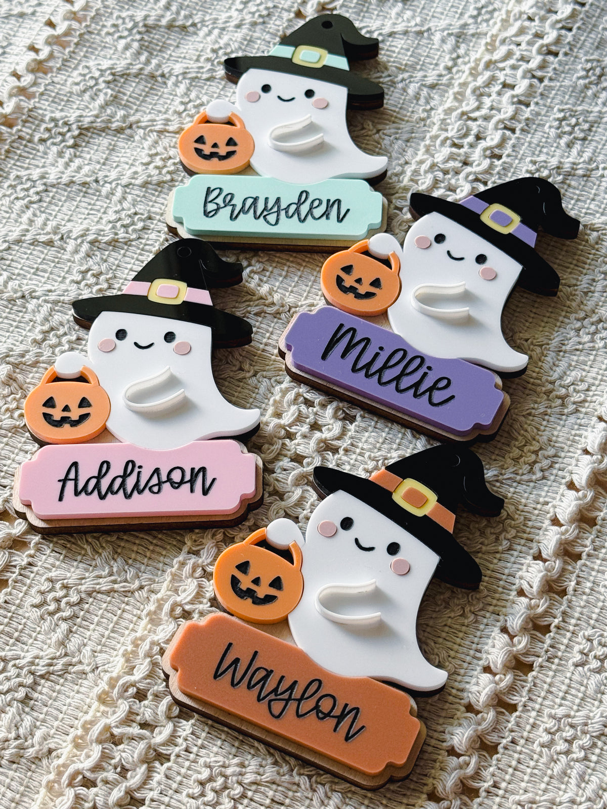 Ghost Witch Hat Holding Pumpkin Pail Halloween Tag
