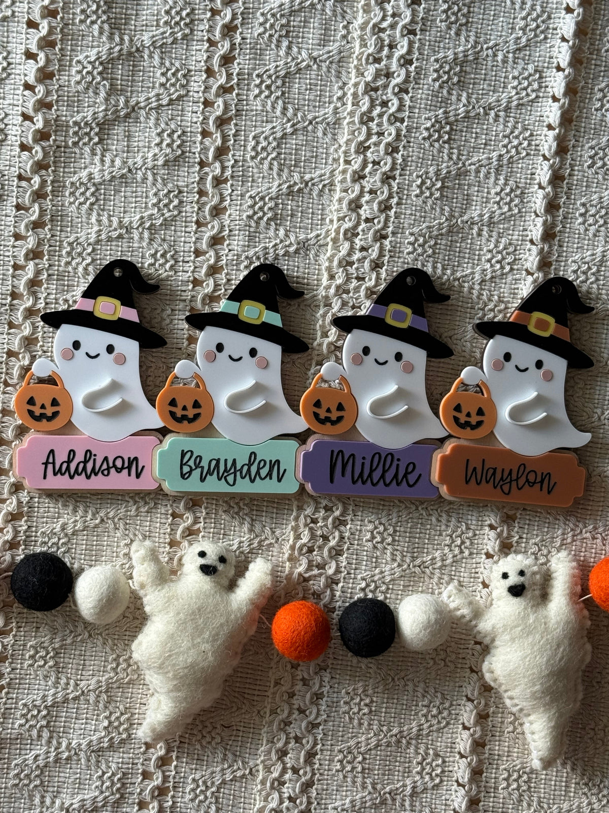 Ghost Witch Hat Holding Pumpkin Pail Halloween Tag